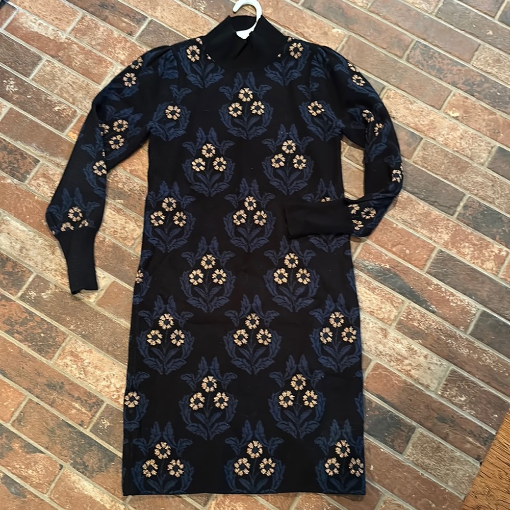 Ann Taylor XS mock neck sweater dress black, blue and gold NWT
